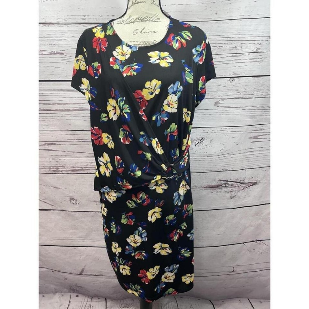NWT Lauren Ralph Lauren Black Floral Knot Detail Dress Size 16
